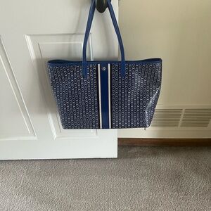Tory Burch Navy and White Logo-Pattern Tote with Center Stripe